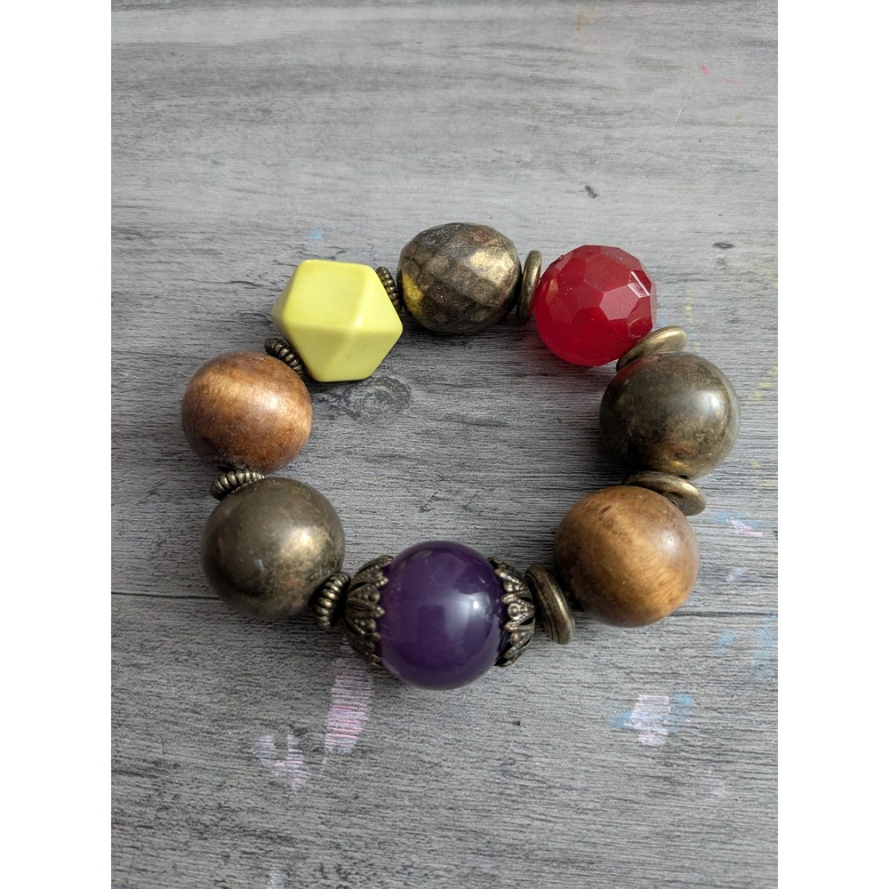 Multicolor Chunky Mixed Bead Stretch Bracelet Wood Geometric Boho Statement